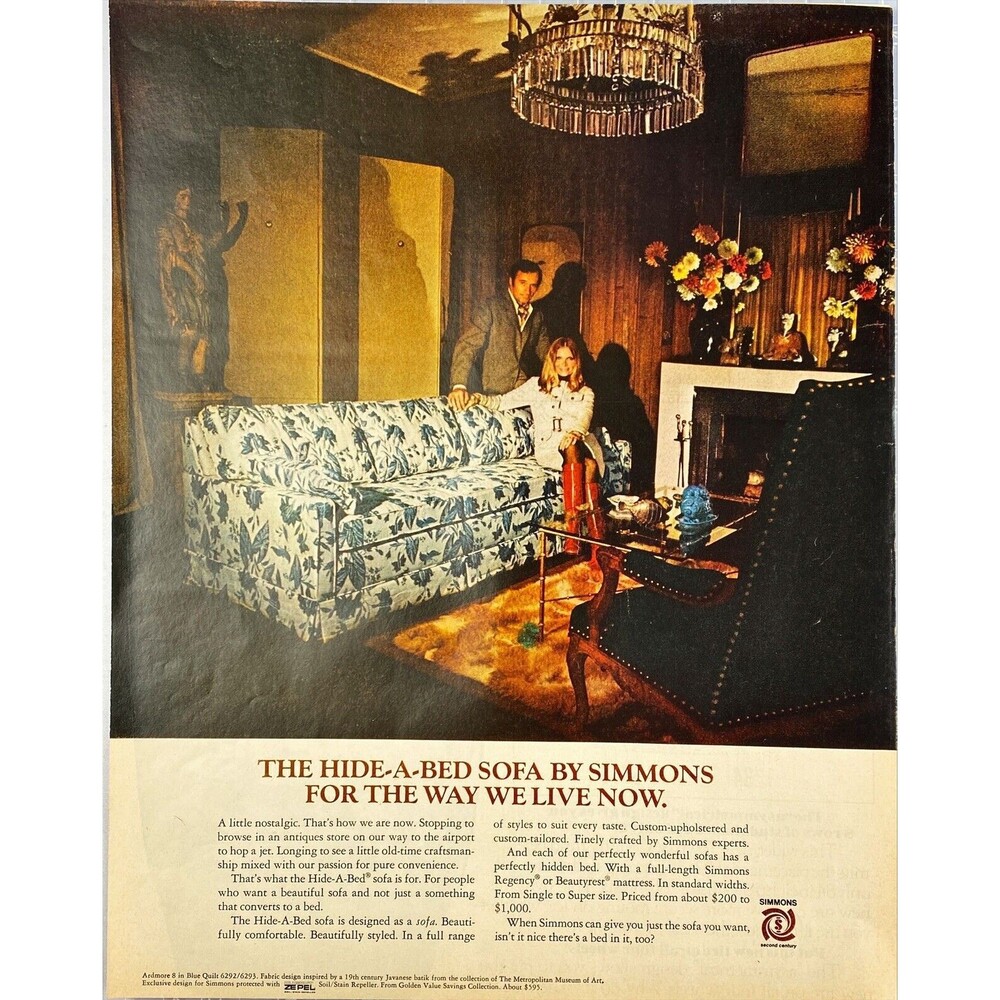 Simmons Hide-A-Bed Sofa "For the Way We Live Now" Vintage Print Ad 1970